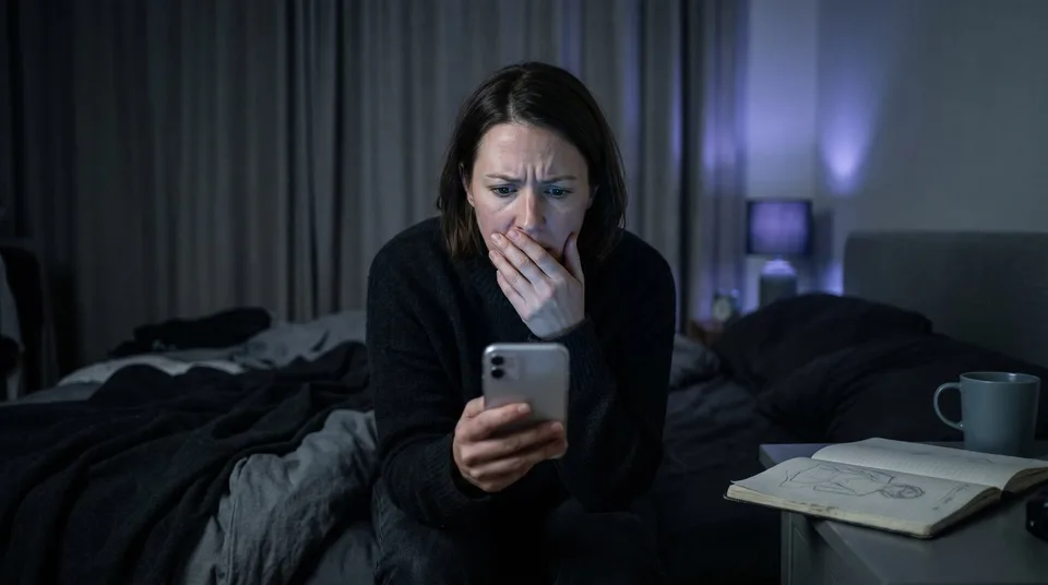 A woman looking surprised at her phone in a dimly lit room.
