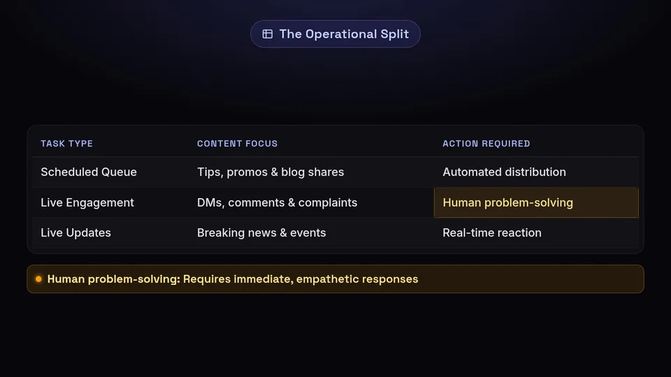 A table categorizing social media tasks into Scheduled Queue, Live Engagement, and Live Updates.
