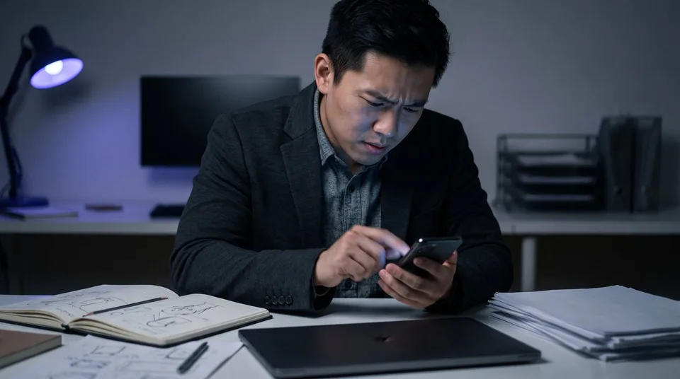 A frustrated PR professional scrolling on his smartphone in a moody, dimly lit office.