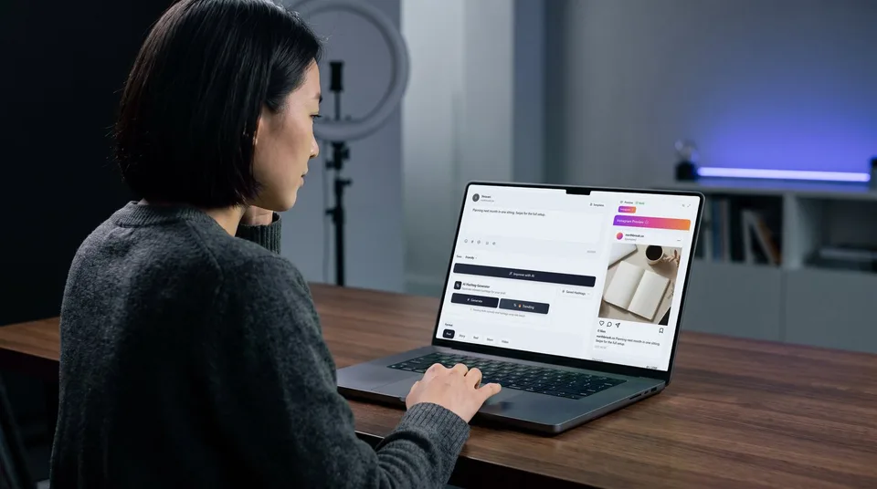 The SchedulifyX composer showing an Instagram Reel preview, caption field, and scheduling options on a laptop screen.