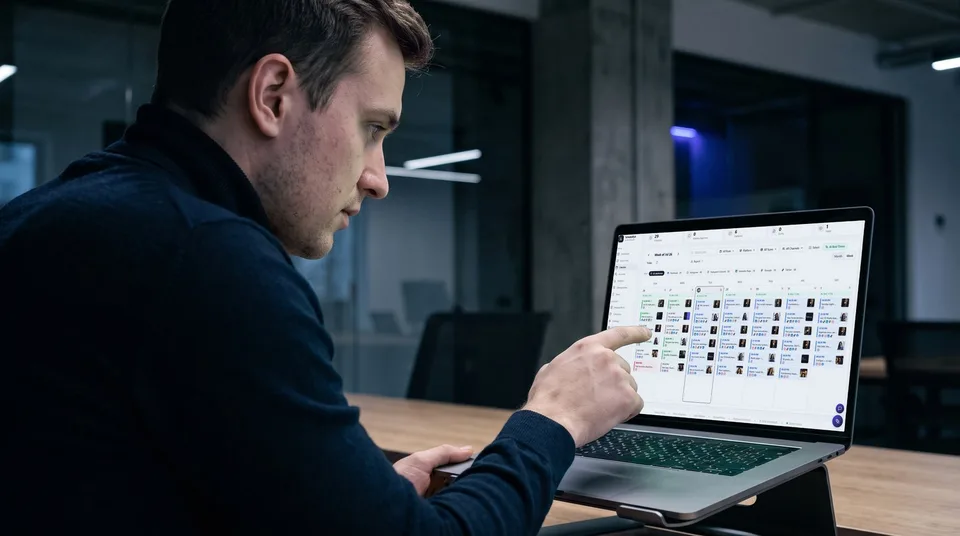 The SchedulifyX content calendar in week view displayed on a laptop.