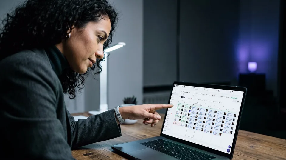 A marketing director reviewing a weekly content calendar on a laptop showing posts on weekdays.