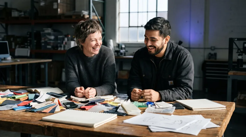 Two colleagues laughing while looking at product samples on a table.