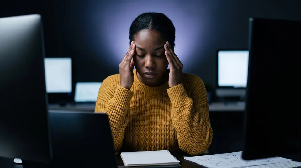 An overwhelmed social media manager rubs her temples in a low-light studio.