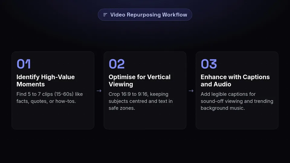Three steps to repurpose video: identify moments, optimise for vertical, and enhance audio.