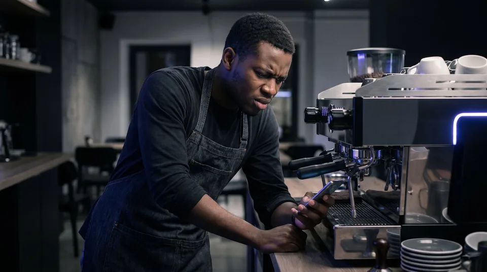 A barista looking frustrated at his phone behind an espresso machine.