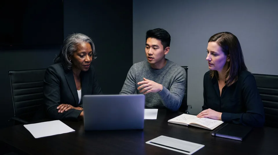 Three agency professionals discussing strategy in a modern, dimly lit conference room.