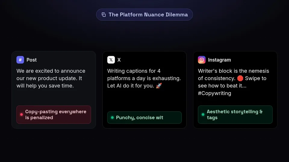 Three examples of social media posts showing how generic copy fails while platform-specific formats succeed.