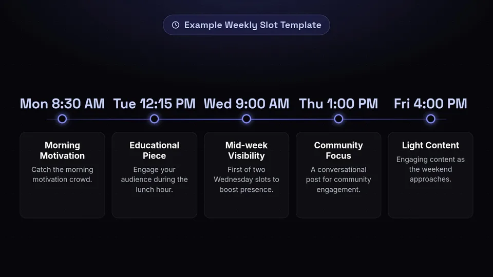 Timeline showing a weekly schedule of social media posts from Monday to Friday.
