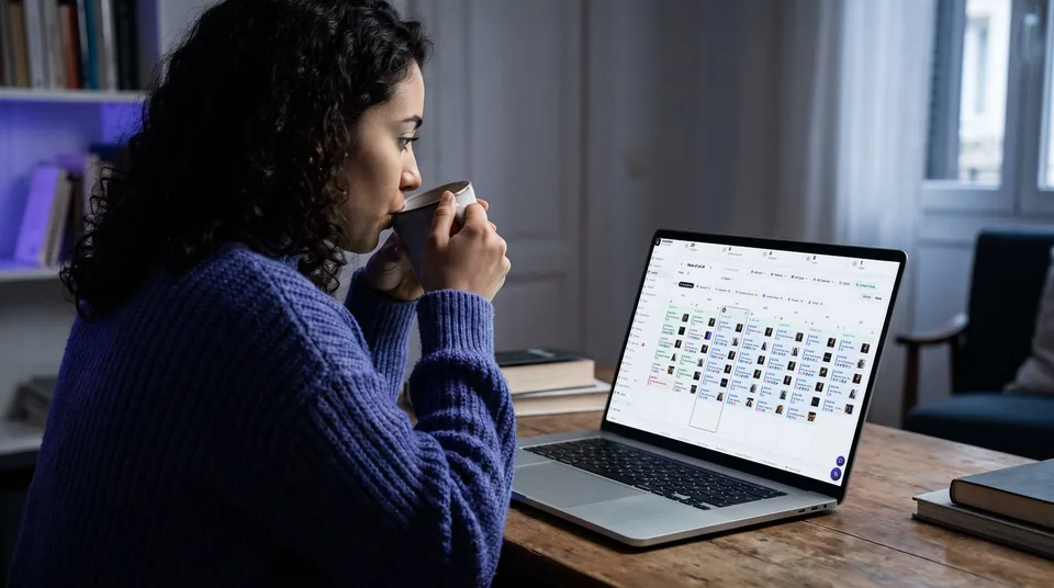 A freelancer reviewing a centralized content calendar on a laptop