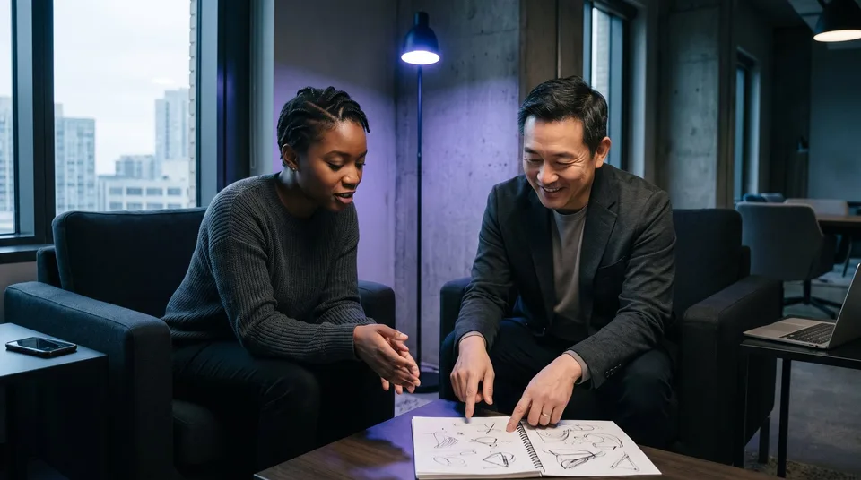 Two colleagues collaborating seamlessly in a modern office lounge.
