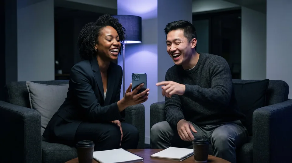Two colleagues laugh together while looking at a smartphone in a modern lounge area.