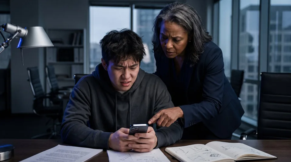 Two colleagues looking stressed while reviewing a smartphone screen in a dark office.