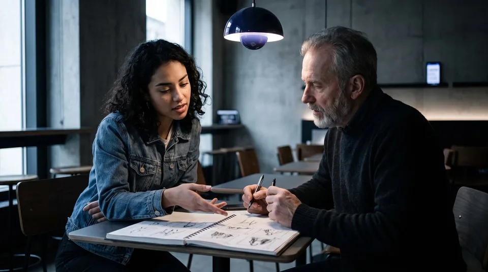 Two content creators discussing a storyboard notebook in a moody cafe.