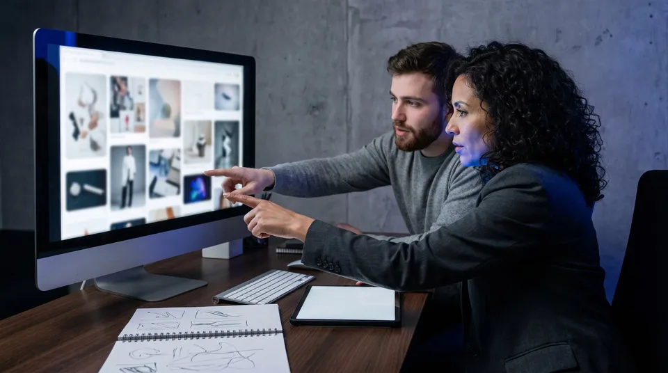 Two creatives discussing visual assets in a modern agency setting.