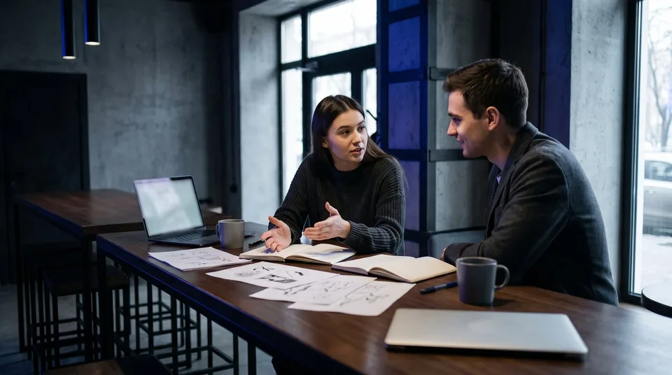 Two creators collaborating and brainstorming together in a modern, moody cafe.