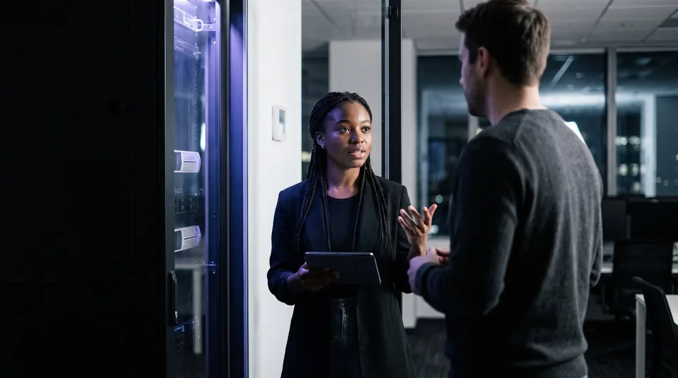 Two developers discussing infrastructure in a modern, moody office setting.