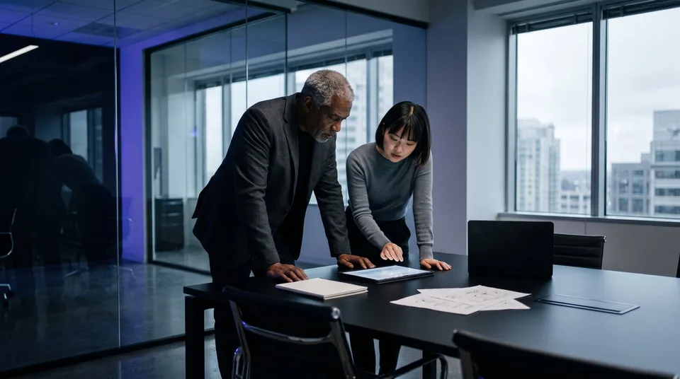 Two diverse marketing strategists in a moody modern office analyzing visual data on a tablet over a sleek conference table.