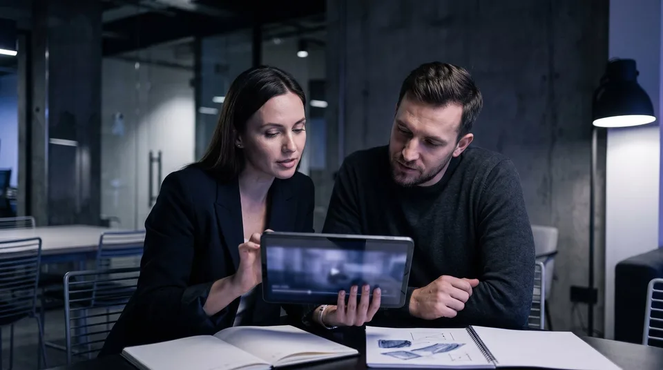 Two marketers reviewing video content on a tablet in a modern office.