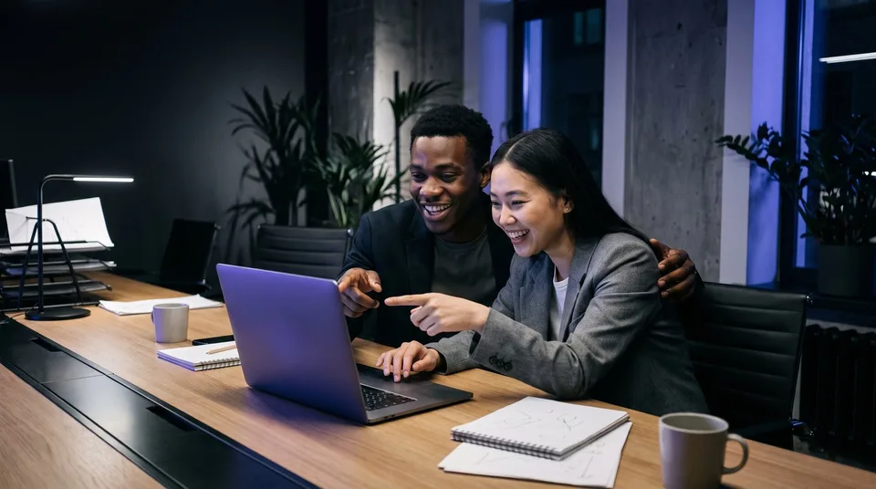 Two marketing professionals celebrating audience reach in a modern office.