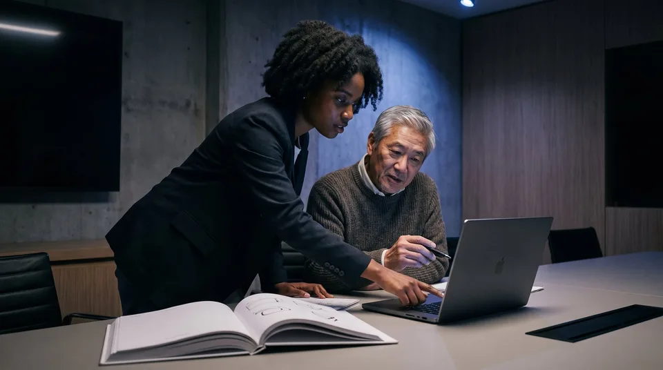 Two marketing professionals collaborating over a document and laptop in a boardroom.