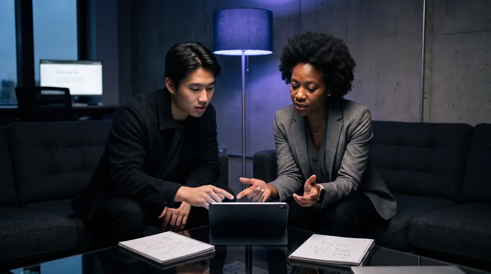 Two marketing professionals discussing strategy in a modern, moody office.