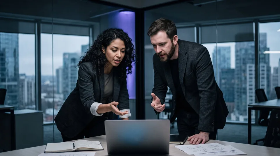 Two marketing professionals intensely discussing software options in a modern office.
