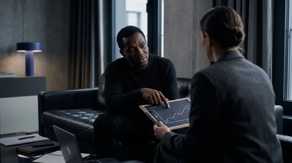 Two people reviewing a printed chart on a clipboard in a dark, modern lounge.