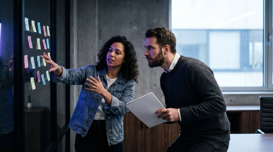 Two professionals brainstorming brand ideas on a glass wall.