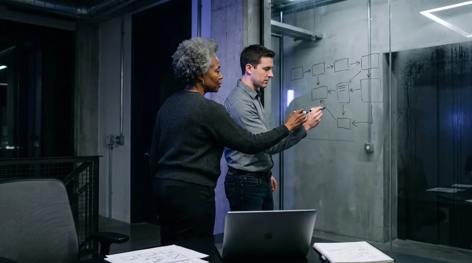 Two professionals mapping out a custom integration workflow on a glass wall.