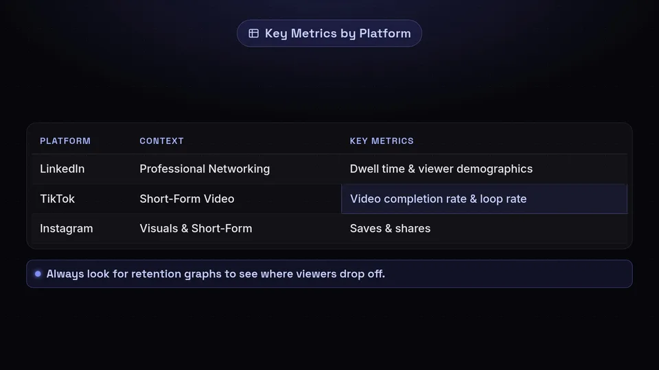 Table detailing key metrics by platform, highlighting dwell time for LinkedIn and completion rates for TikTok and Instagram.