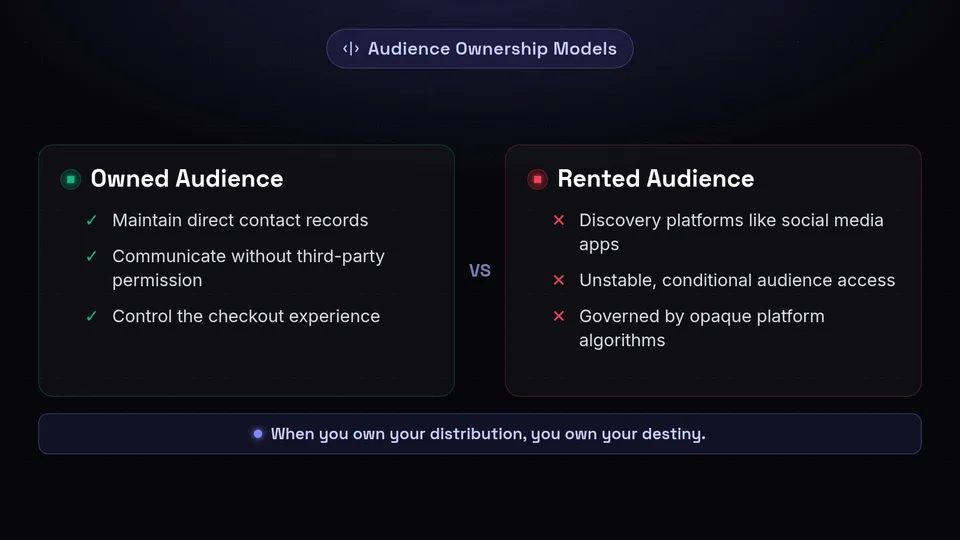 A comparison between an owned audience and a rented audience, highlighting control versus algorithmic dependence.