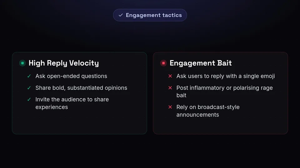 Checklist showing dos and don'ts of Threads engagement, favoring open questions over emoji bait
