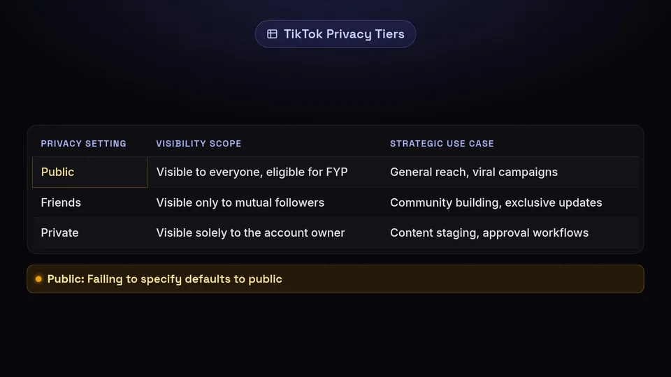 A table explaining TikTok's Public, Friends, and Private visibility scopes and their strategic use cases.