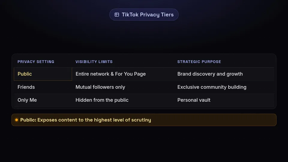 A table comparing Public, Friends, and Only Me TikTok privacy settings.