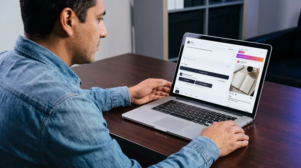 A social media manager previews an Instagram post and visual grid on a laptop.