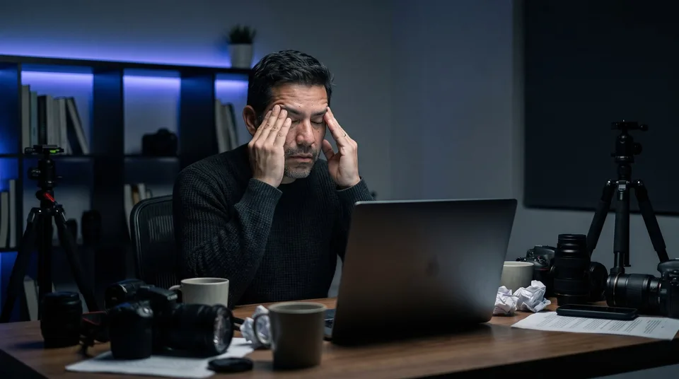 An exhausted male entrepreneur rubs his temples in a dark home office surrounded by camera gear.