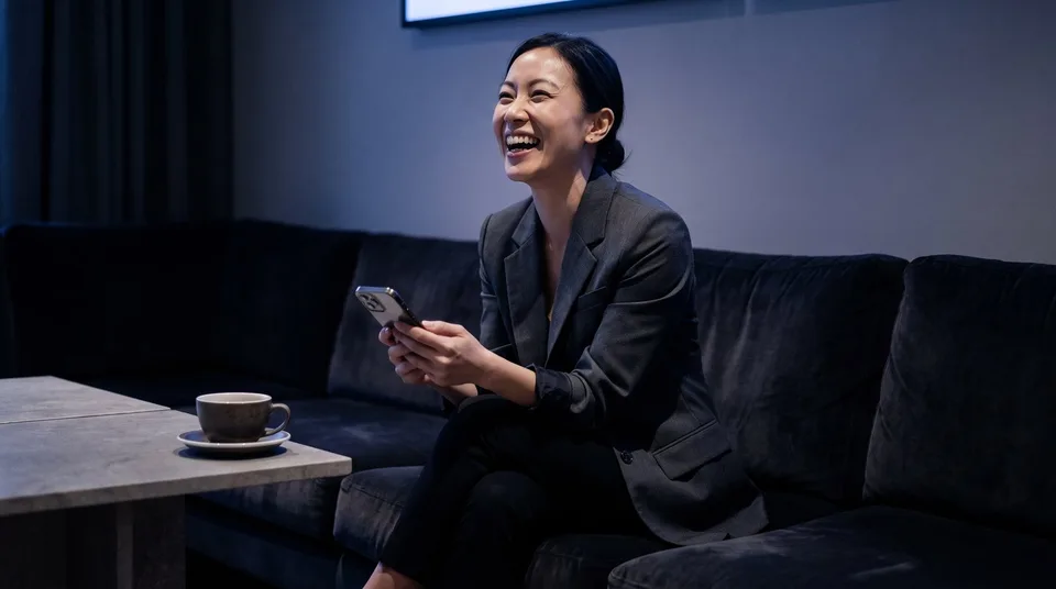 A woman in a blazer laughs while reading a message on her phone on a velvet sofa