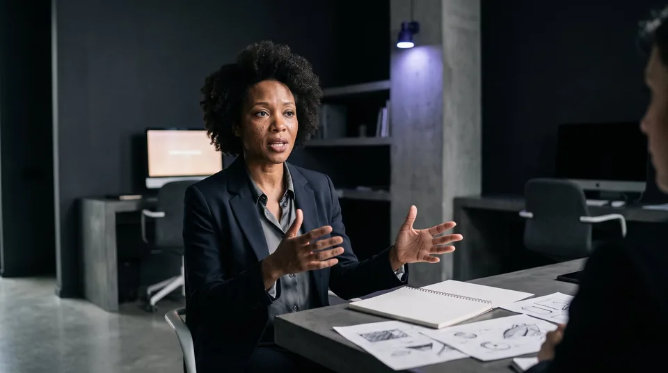 A marketing director speaking passionately in a meeting about foundational strategy.