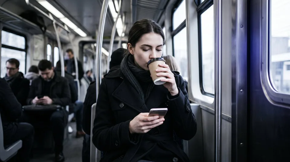 A woman on a morning commuter train drinking coffee and looking at her smartphone.