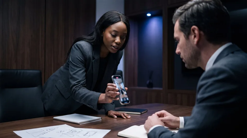 An agency director shows a staged video on her smartphone to a client for approval.
