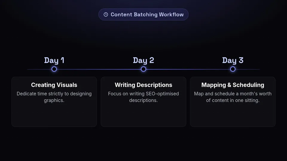 A 3-day timeline showing the workflow for batching Pinterest content creation.