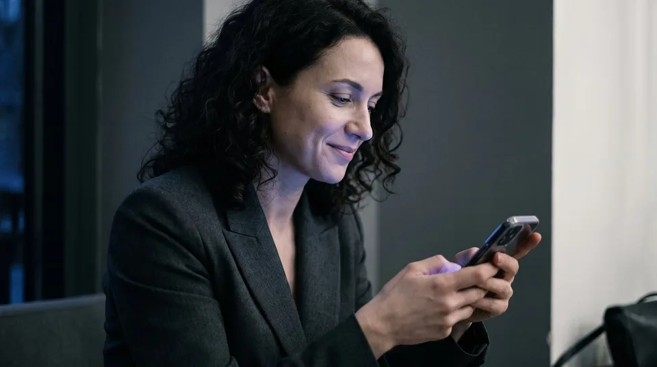 A female brand manager in a moody cafe carefully reviewing her brand's visual aesthetic on a smartphone.