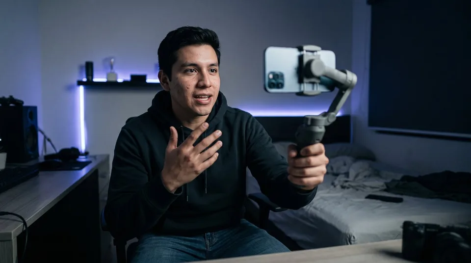 A man in a neon-lit bedroom holds a smartphone on a gimbal, gesturing enthusiastically while recording.