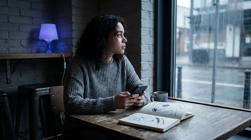 Woman in a moody cafe thinking with a notebook and smartphone.