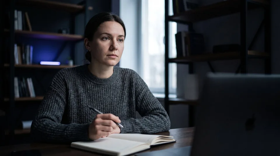 Woman looking thoughtfully at a notebook in a dark office.