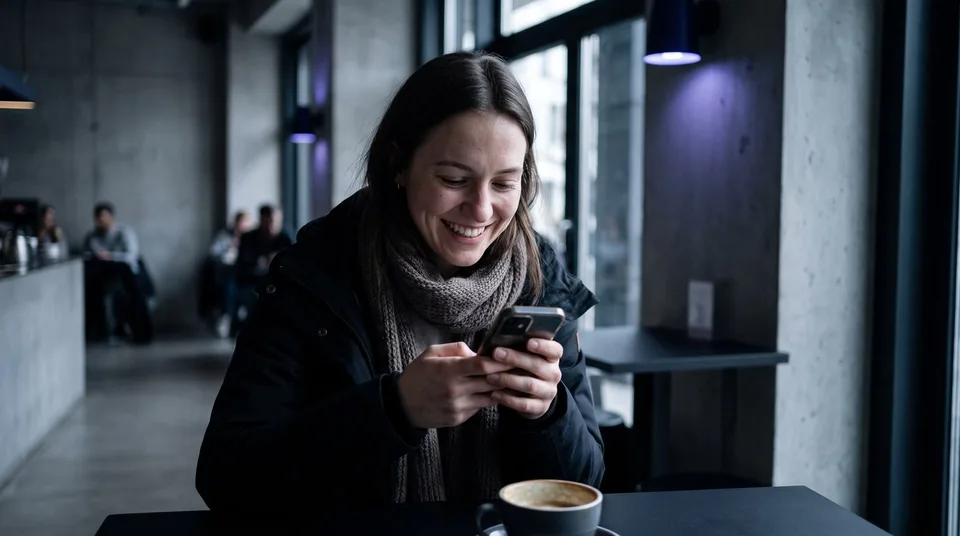Woman sitting in a café, smiling while typing on her smartphone.