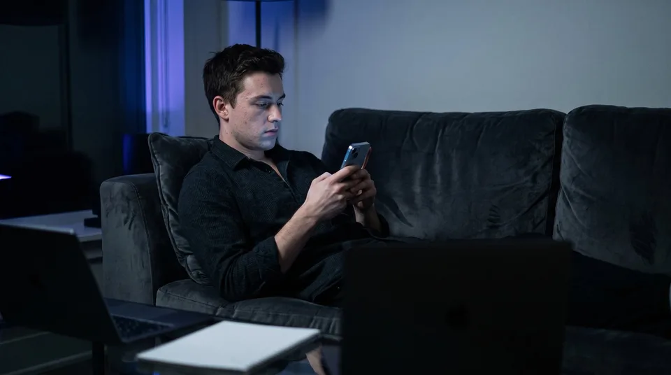 Young man mindlessly scrolling on a smartphone on a dark velvet couch.